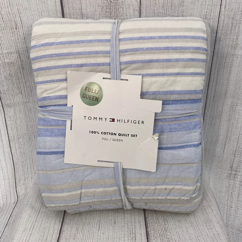 Tommy Hilfiger Quilt Set Full Queen Blue Bold Stripe Textured 100% Cotton Preppy